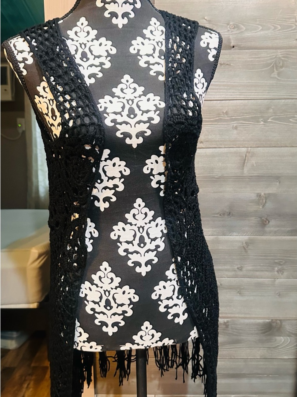 Umgee Black Crochet Fringe Open-Front Vest